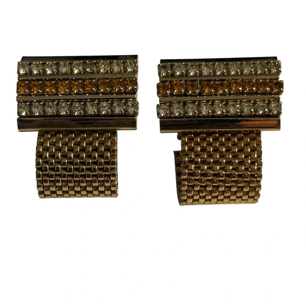 Vintage Cufflinks Yellow & Clear Rhinestone Gold Tone Mesh Wrap Around MCM Retro